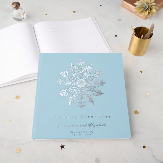 Minimalist Snowflake Wedding | Ice Blue Guest Book (Front Open)