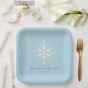 Minimalist Snowflake Wedding Ice Blue Paper Plate