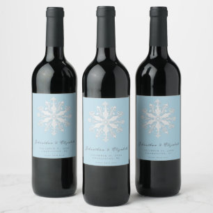 Minimalist Snowflake Wedding   Ice Blue Wine Label