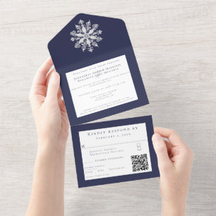 Minimalist Snowflake Wedding Navy Blue All In One Invitation