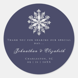 Minimalist Snowflake Wedding   Navy Blue Favor Classic Round Sticker