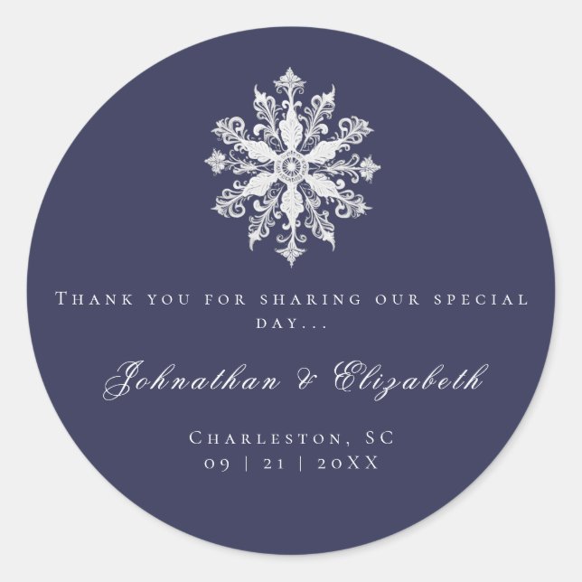 Minimalist Snowflake Wedding | Navy Blue Favour Classic Round Sticker (Front)