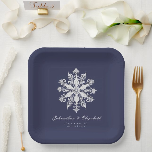 Minimalist Snowflake Wedding | Navy Blue Paper Plate (Wedding)