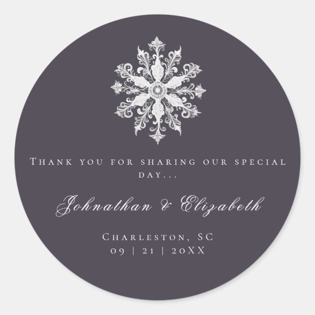 Minimalist Snowflake Wedding | Plum Purple Favour Classic Round Sticker (Front)