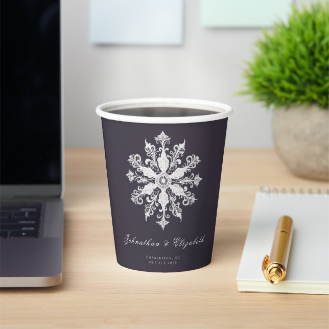 Minimalist Snowflake Wedding | Plum Purple Paper Cups (Insitu)