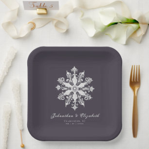 Minimalist Snowflake Wedding   Plum Purple Paper Plate
