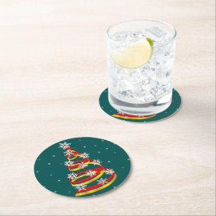 Minimalist Snowflakes Ribbon Christmas Tree Round Paper Coaster