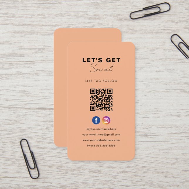 Minimalist Soft Orange Qr Code Connect With Us Business Card (Front/Back In Situ)