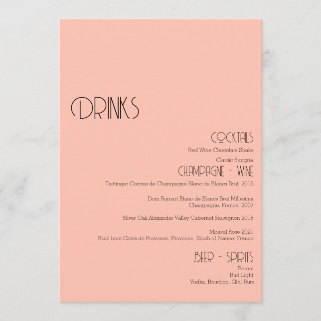 Minimalist Soft Peach Wedding Drinks Bar Menu Card (Front)