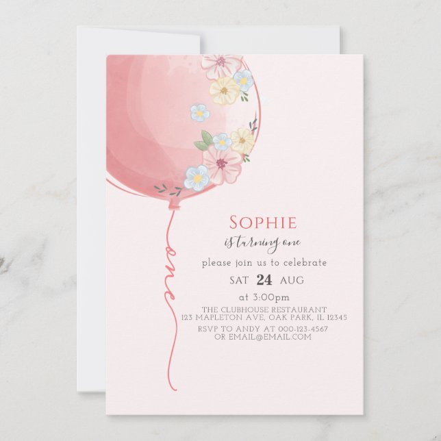 Minimalist Soft Pink Balloon Baby's 1st Birthday Invitation (Front)