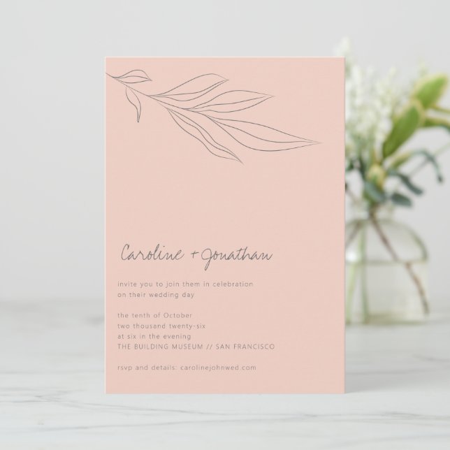 Minimalist Soft Pink Boho Botanical Line Wedding Invitation (Standing Front)
