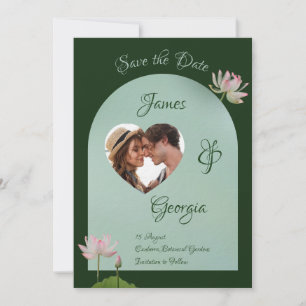 Minimalist soft pink & green lotus save the date i invitation