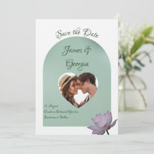 Minimalist soft pink & green lotus save the date invitation