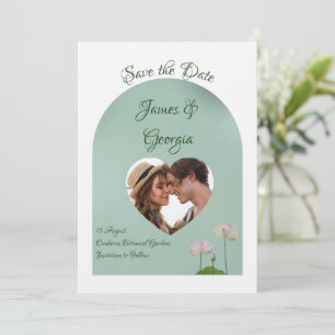 Minimalist soft pink & green lotus save the date invitation