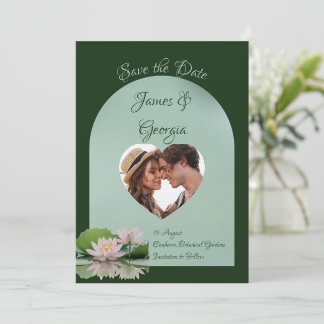 Minimalist soft pink & green lotus save the date invitation (Standing Front)