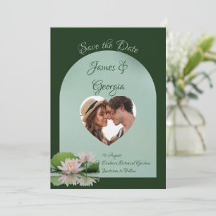 Minimalist soft pink & green lotus save the date invitation