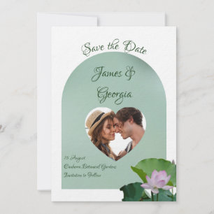 Minimalist soft pink & green lotus save the date invitation