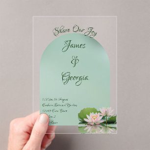 Minimalist soft pink & green lotus wedding acrylic invitations