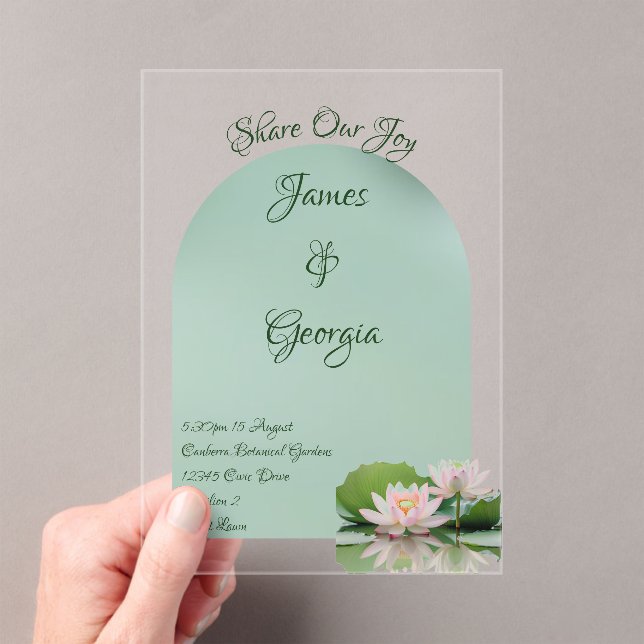 Minimalist soft pink & green lotus wedding acrylic invitations (Insitu (Handheld))