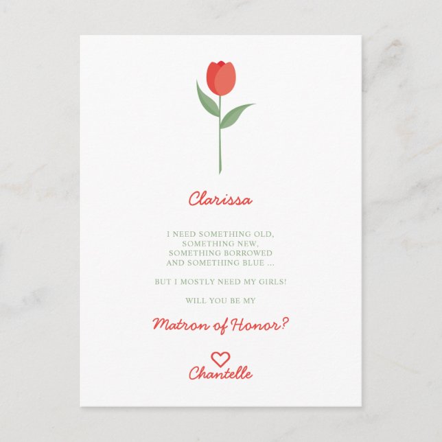 Minimalist Soft Red Tulip for Bridesmaid Proposal Postcard (Front)
