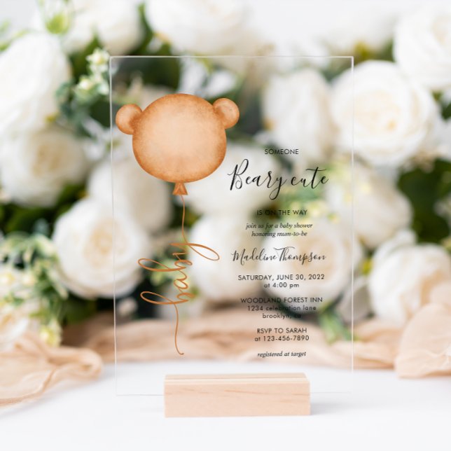 Minimalist Someone Beary Cute Balloon Baby Shower  Acrylic Invitations (Creator Uploaded)