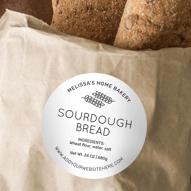 Minimalist Sourdough Bakery Bread Loaf Modern Classic Round Sticker (Modern black and white bread packaging label with wheat icon, stylish font and simple layout)