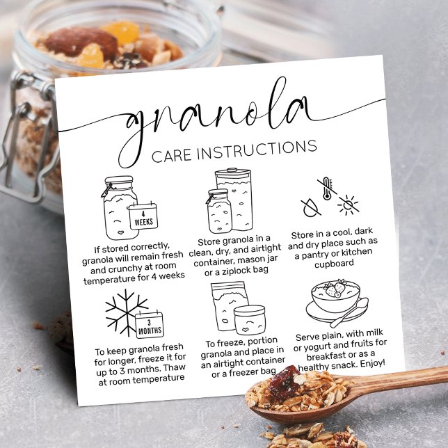Minimalist Sourdough Granola Care Instructions Square Business Card (Minimalist sourdough granola care instructions cards with care icons, stylish calligraphy font)
