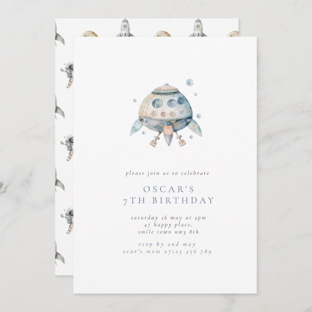 Minimalist Spaceship Boy's Birthday Party Invitation (Front/Back)