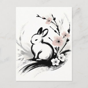 Minimalist Spring Zen Rabbit Cherry Blossoms Announcement Postcard