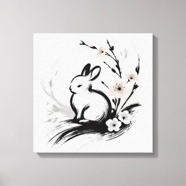 Minimalist Spring Zen Rabbit Cherry Blossoms Canvas Print (Front)