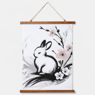 Minimalist Spring Zen Rabbit Cherry Blossoms Hanging Tapestry