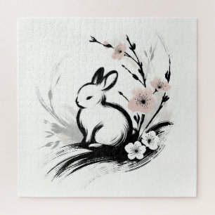 Minimalist Spring Zen Rabbit Cherry Blossoms Jigsaw Puzzle