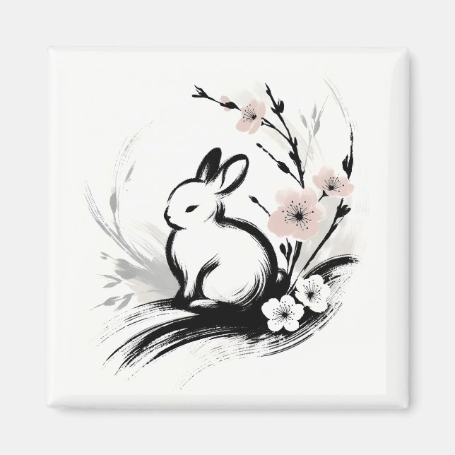 Minimalist Spring Zen Rabbit Cherry Blossoms Magnet (Front)