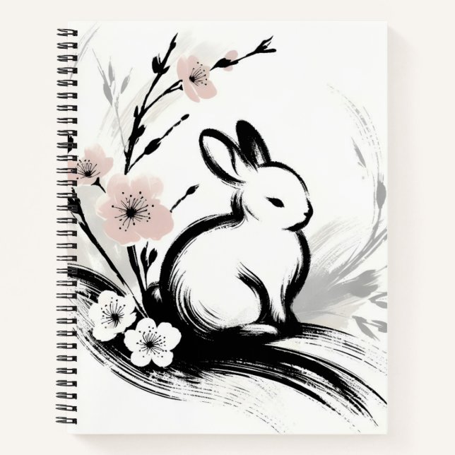 Minimalist Spring Zen Rabbit Cherry Blossoms Notebook (Front)