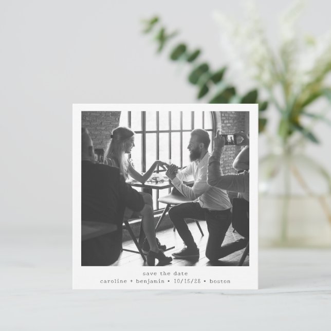 Minimalist Square Black White Photo Modern Wedding Save The Date (Standing Front)