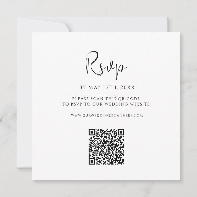 Minimalist Square Script Wedding RSVP QR Card (Front)