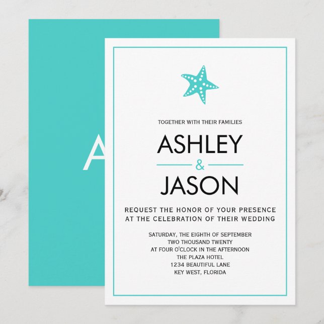 Minimalist Starfish Beach Wedding Invitation, Aqua Invitation (Front/Back)