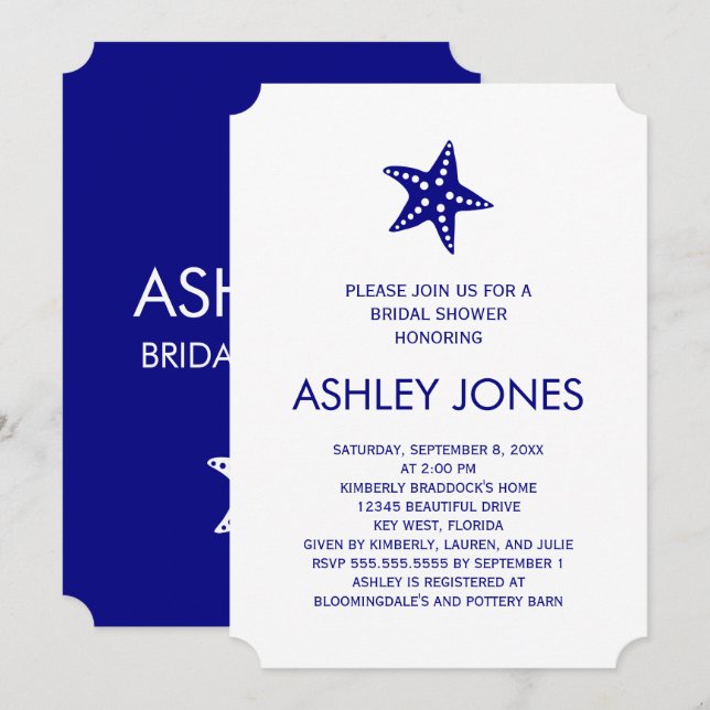 Minimalist Starfish Bridal Shower Invitation, Navy Invitation (Front/Back)