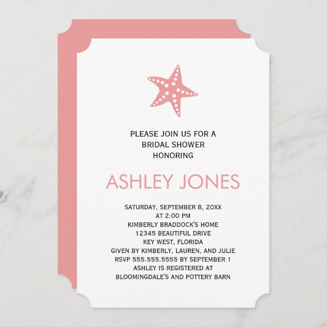 Minimalist Starfish Bridal Shower Invitation, Pink Invitation (Front/Back)