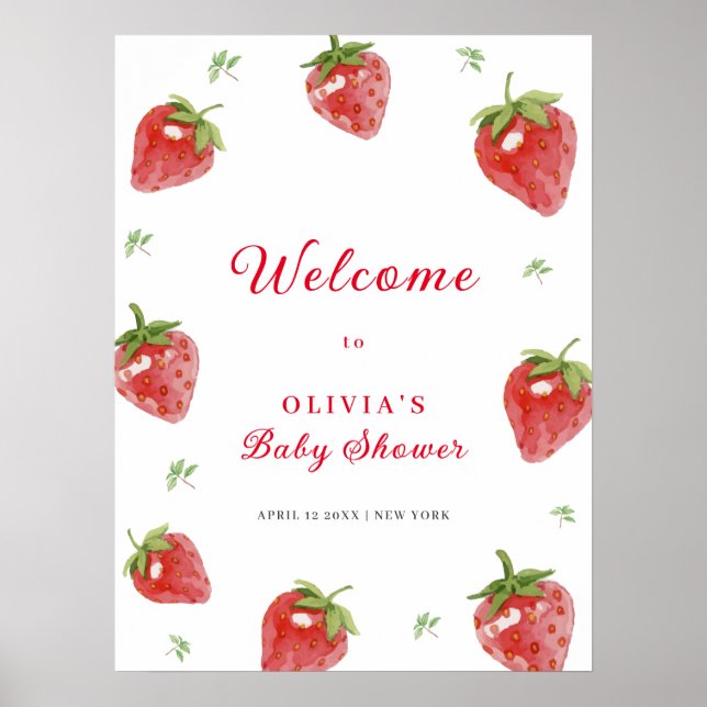 Minimalist Strawberry Girl Welcome Baby Shower Poster (Front)