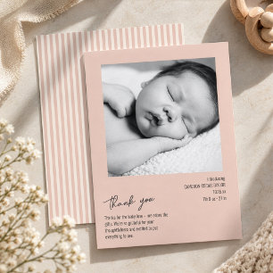 Minimalist Stripe Baby Photo Blush Birth Arrival Thank You Card