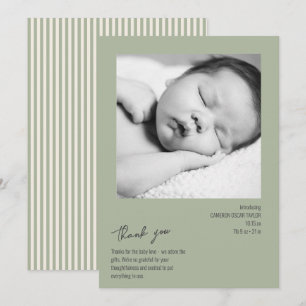 Minimalist Stripe Baby Photo Sage Birth Arrival Thank You Card