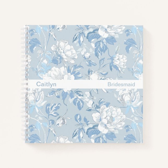 Minimalist Stripe Dusty Blue Floral Square Notebook (Front)