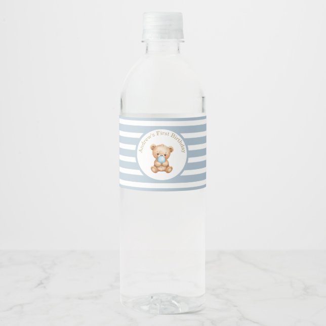 Minimalist Stripes Teddy Bear  Water Bottle Label (Front)