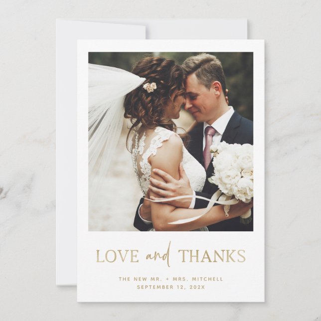 Minimalist Style Gold | One Photo Wedding Thank You Card (Front)