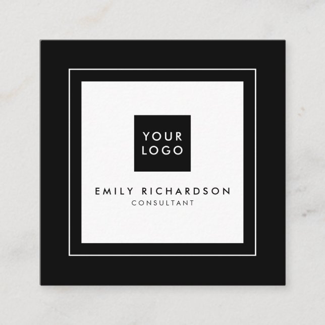 Minimalist stylish plain black white add your logo square business card (Front)