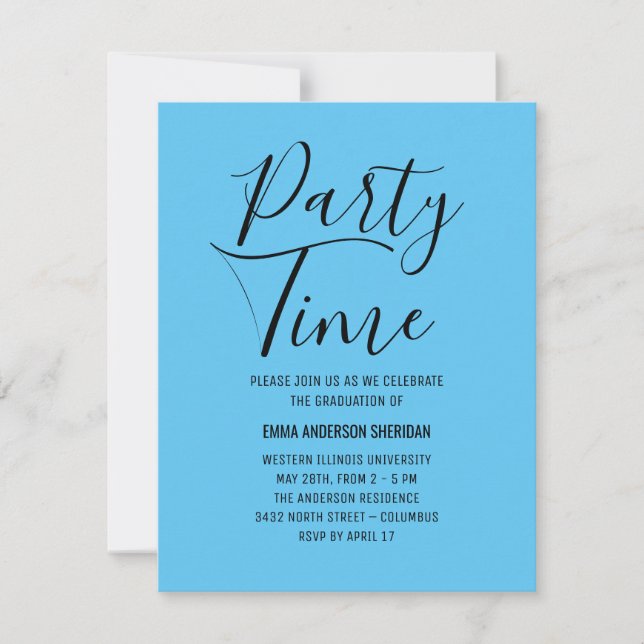 Minimalist Stylish Script Black & White Grad Party RSVP Card (Front)