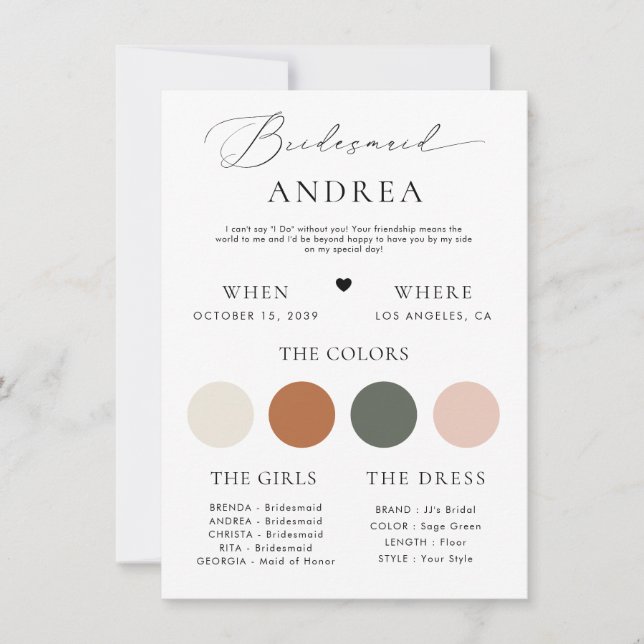 Minimalist Stylish Script Bridesmaid Info Card (Front)