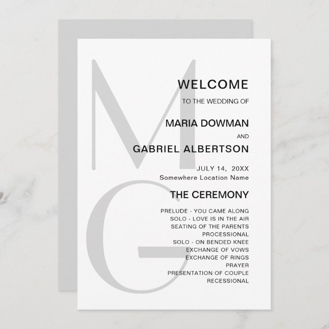 Minimalist stylish. Typography monogram Wedding Programme (Front/Back)