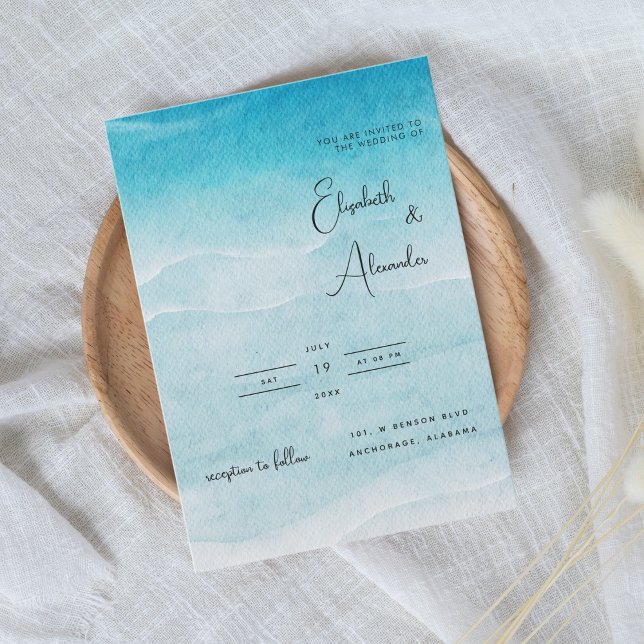 Minimalist Summer Blue Ocean Beach Wedding Invitation (Creator Uploaded)